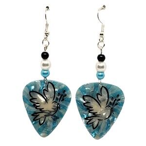 Religious White Dove with Olive Branch Guitar Pick Beaded Earrings - Handmade